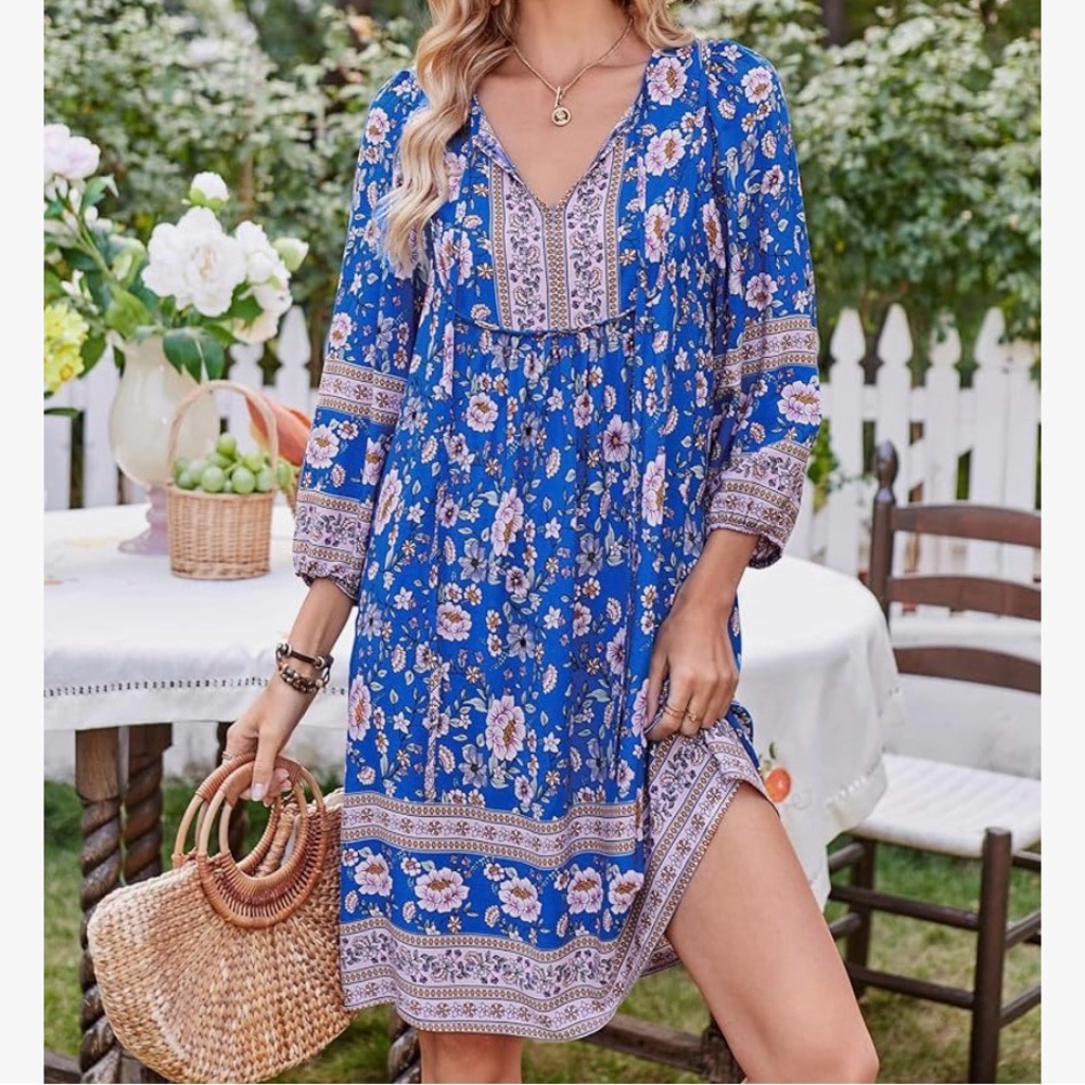 Elegant Floral Long Sleeve Dress in Blue